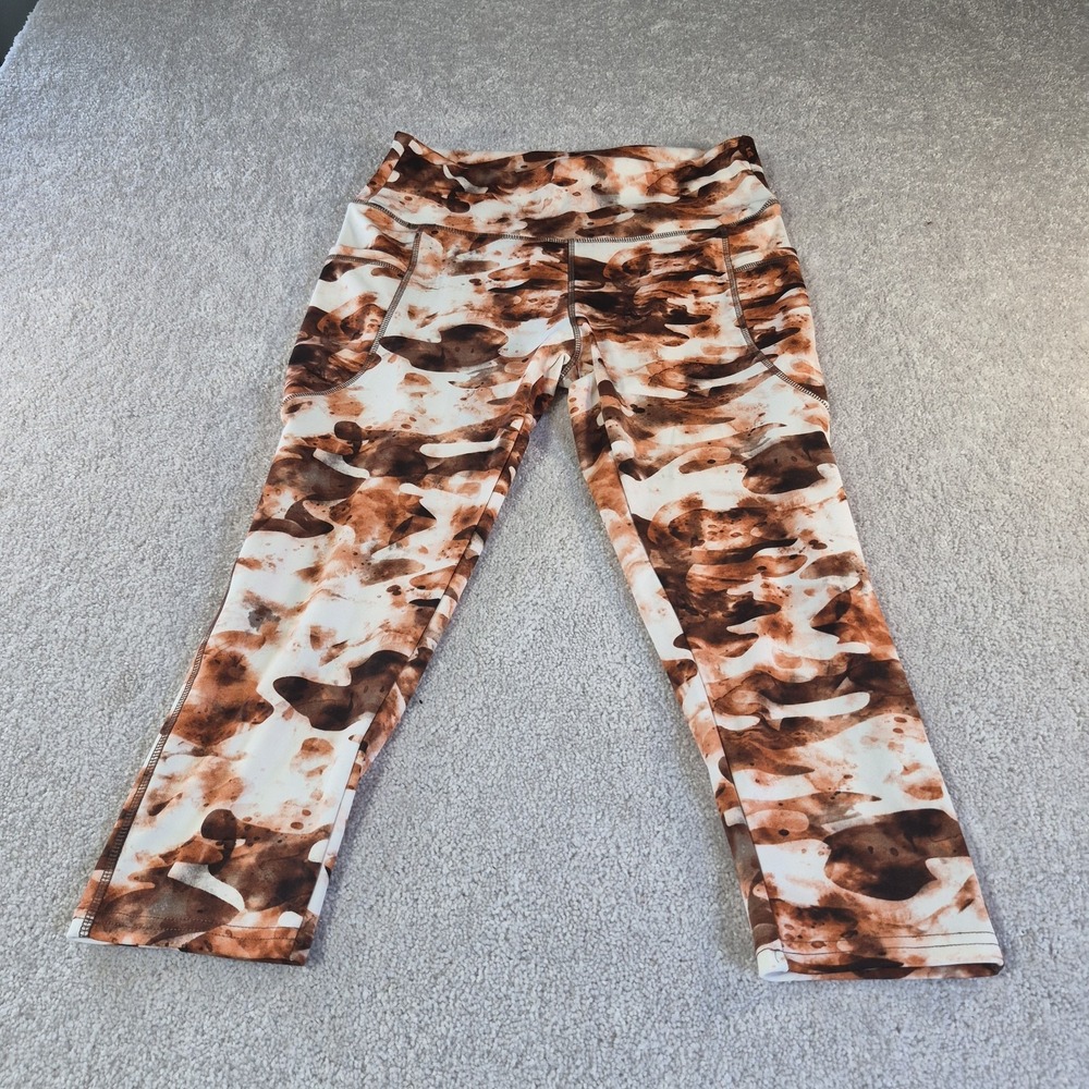 YUNA Classic Fashion High Waisted Capri Legging Brown White Marbled Tie Dye L/XL